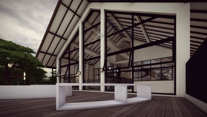 balcony and  tropical roof design 3d illustration
