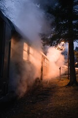 Plakat Eisenbahnwaggons in Dampf gehüllt bei Dunkelheit