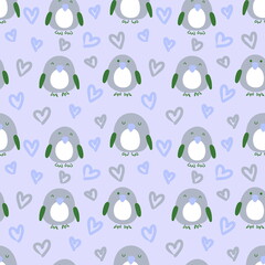 Fototapeta premium Delicate romantic seamless pattern with penguins and hearts. Perfect for T-shirt, textile and print. Doodle style illustration for decor and design.