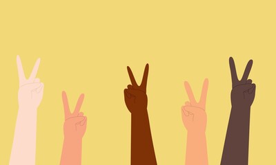 Diverse Group Of Hands With Peace Sign.
