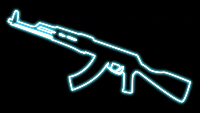 Neon assault rifle. AK 47 in the style of a shining lamp. A symbol of war and armed confrontation. Motion graphics with weapons.