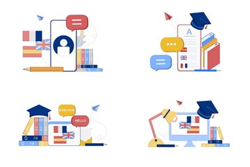 Set of online languages learning, language courses, language classes banner templates for web and mobile development. Literal translation, personal assistant, e-learning concept. Vector illustration.