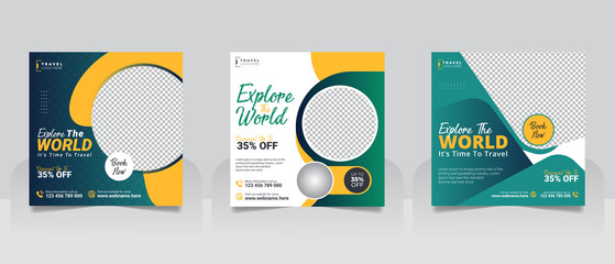 Travel tour social media post or holiday vacation square web banner template