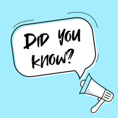 Male hand holding megaphone with Did you know? speech bubble. Loudspeaker. Banner for business, marketing and advertising. Vector illustration.