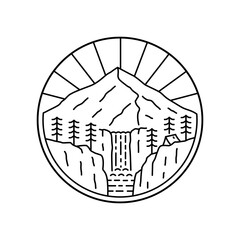 camp in waterfall nature mountain wildlife in mono line art design for t-shirt, badge, sticker, etc