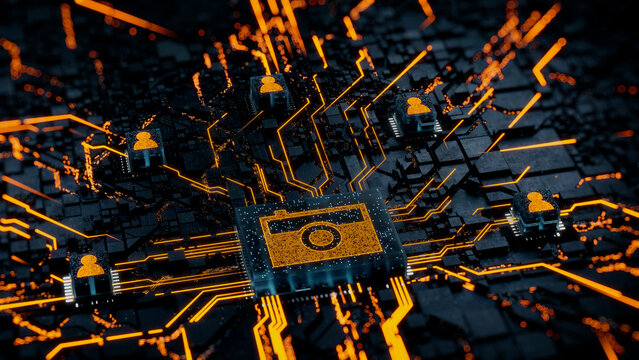 Photo Technology Concept With Camera Symbol On A Microchip. Orange Neon Data Flows Between Users And The CPU Across A Futuristic Motherboard. 3D Render.