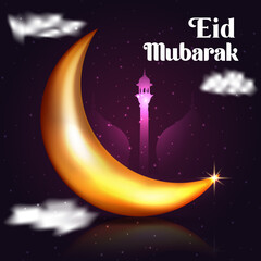 Obraz na płótnie Canvas Eid Mubarak Islamic Religious Background Design With Shinny Moon and Light Effect