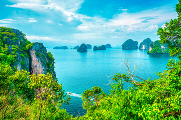 aerial view of Phi Phi Island with Maya Bay and Phi Leh Lake, Krabi Province, Top view of a rocky...