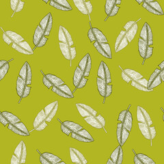 Banana leaf seamless pattern.Vintage tropical branch in engraving style.