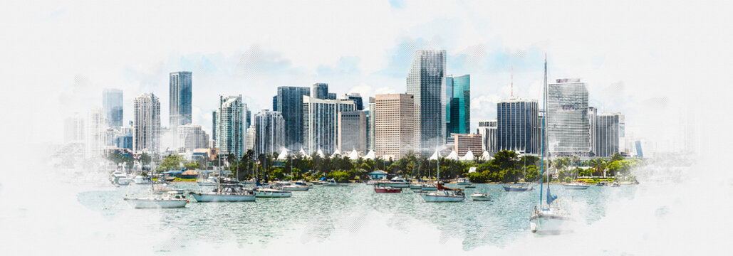 Watercolor painting illustration of Miami skyline with yachts, boats and skyscrapers