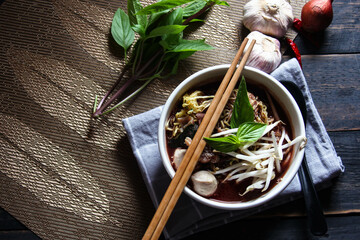 Thai noodle with pork is a street food that is commonly sold in Thailand. Also known as 
