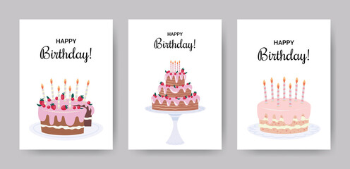 Set of Happy Birthday greeting card. Cute, pink Strawberry Cherry cakes with candles on a white background. Vector Illustration.