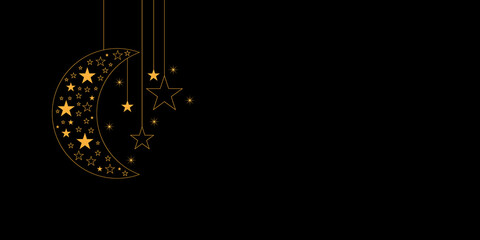 Ramadan Kareem celebration concept. Golden moon and shiny star hanging on black background for a banner, website. Islamic style backdrop. Muslim holiday and festival.