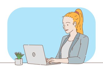 female worker is typing using laptop to work in her office, hand drawn with thin lines illustration