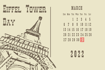 Calendar page Eiffel Tower Day