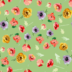 Green background watercolor flowers seamless pattern for fabric clothing bed linen poppies and roses