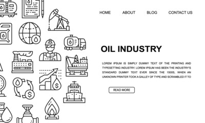 Obraz premium Oil industry landing page template in line style. Fuel Truck, Engineer, Gasoline, Cargo Ship illustration design concept for web page design.
