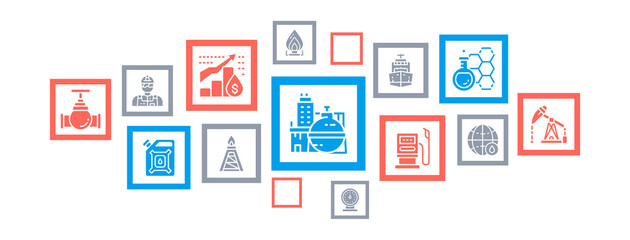 Oil industry icons infographic banner. Fuel Truck, Engineer, Gasoline, Cargo Ship illustration for web banner layout, mobile development design.