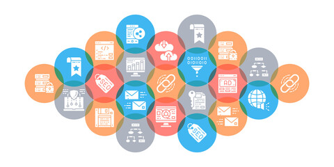 SEO flat vector illustration. Bookmark, Hosting, Hyperlink, Advertisement, Data Transfer concept for banner, website design or landing web page.