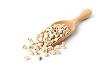 Job's tears ( Adlay millet) in wooden bowl  isolated on white background.
