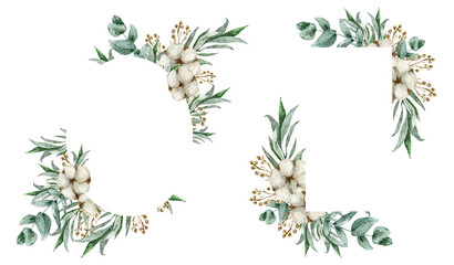 Eucaluptus watercolor floral wedding frame clip art, cotton flowers and leaves illustrations. Floral hand painted watercolor wild herbs wreath set. Bohemian arrangement bundle