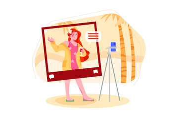 Influencer recording new video Illustration concept. Flat illustration isolated on white background.