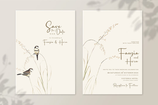 Vintage Wedding Invitation and Save the Date with Botanical