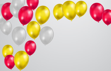 Gold and Red White balloons with confetti on white background. Celebration background design.