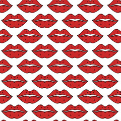 Bright kissing lips seamless vector pattern. Hand drawn vintage illustration on white background. Female mouth painted with red lipstick. Retro hippie backdrop for decoration, t-shirt design