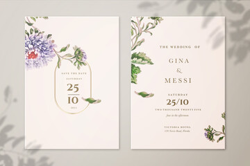 Vintage Wedding Invitation and Save the Date with Purple Peony