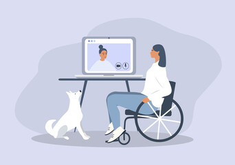 vector illustration in a flat style - a girl who uses a wheelchair is talking on a video link with a friend or psychologist. next to nye - white dog