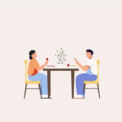 A man and a woman are having dinner. The couple laughs and drinks wine from glasses. Cheerful conversation. Dining room interior. Illustration.