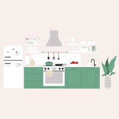 Green kitchen set. Cozy kitchen with utensils and appliances, details. Illustration.