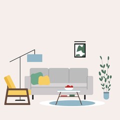 Living room interior. Modern interior. Set. Lamp, sofa, table, armchair, flower, picture. Illustration