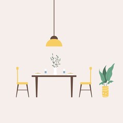 Dining room interior. Table and chairs, crockery, flowers, lamp. Illustration
