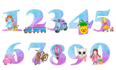 Alphabet set with blue watercolor fill and with cute children 's toys .The set is suitable for greeting cards, invitations, for design works,crafts and hobbies.