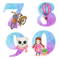 Alphabet set with blue watercolor fill and with cute children 's toys .The set is suitable for greeting cards, invitations, for design works,crafts and hobbies.