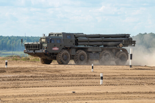 MOSCOW REGION, RUSSIA - AUGUST 25, 2020: Combat vehicle 9A52-2 MLRS "Smerch" at the training ground. Fragment of the demonstration program of the military-technical forum "Army-2020"