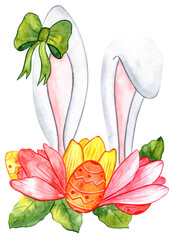 White Easter bunny's ears, Watercolor illustration