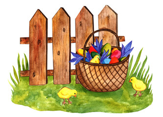 Basket with Easter eggs and chickens, Watercolor illustration