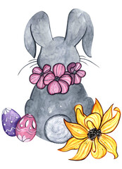 Gray Easter bunny, Watercolor illustration