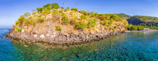 Obraz premium An aerial panorama of Jemeluk viewpoint near Amed beach on Bali island in Indonesia