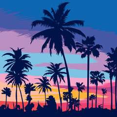 Fototapeta na wymiar Graphic t-shirt design, beach with palm trees. An evening on the beach with palm trees. Colorful picture for rest. palm trees at sunset. summer long beach in California