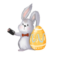 Cute watercolor illustration of the easter bunny taking a selfie with an easter egg.  children's illustration of a rabbit taking a photo