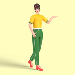 3d female character showing empty copy space on open hand palm