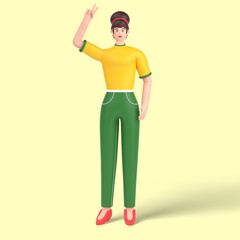 3d female character showing and pointing up with fingers number two, victory sign