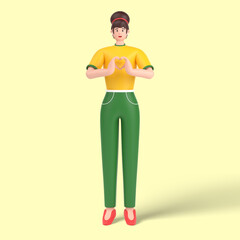 3d female character showing heart with two hands, love sign.