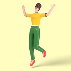 Fototapeta na wymiar 3d female character jumping and celebrates success