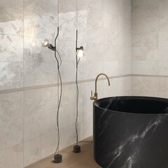 Modern interior design, bathroom with gray and beige tiles, seamless, luxurious background.