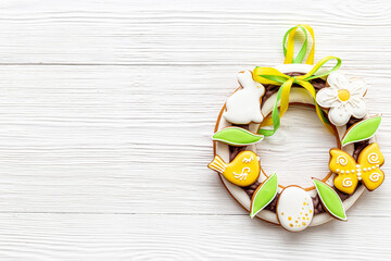 Easter gingerbread cookies wreath with bunny and eggs